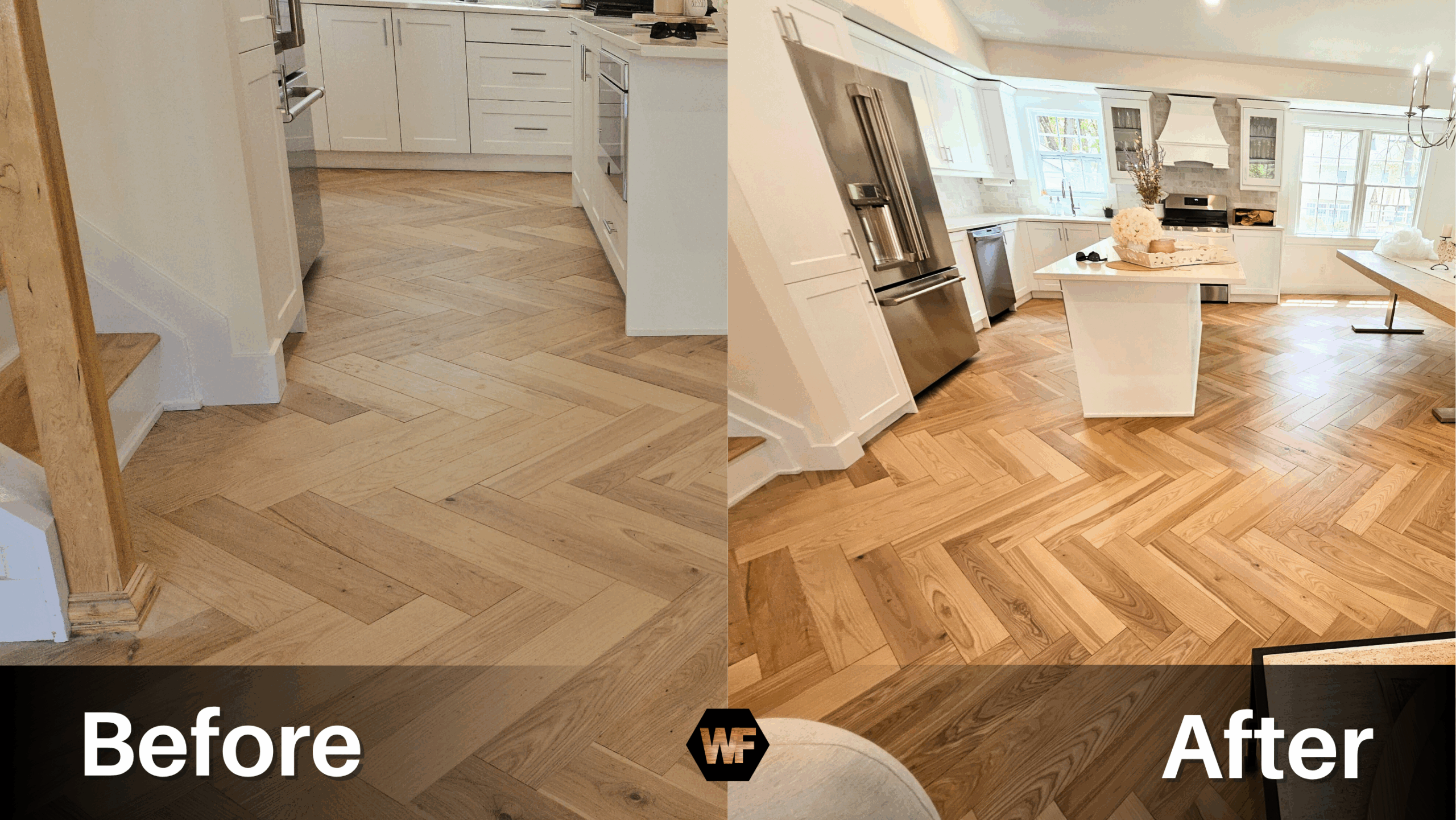 Before and after hardwood floor cleaning showing dramatic restoration