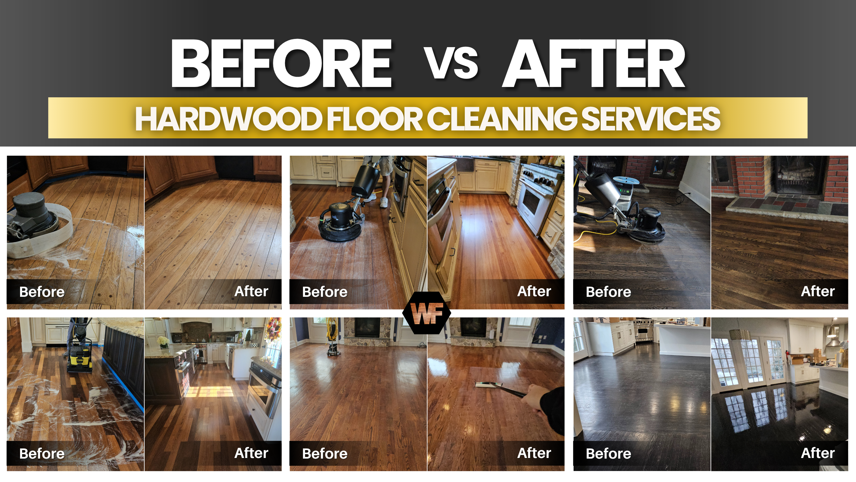Before and after photo of professional hardwood floor cleaning showing restored shine
